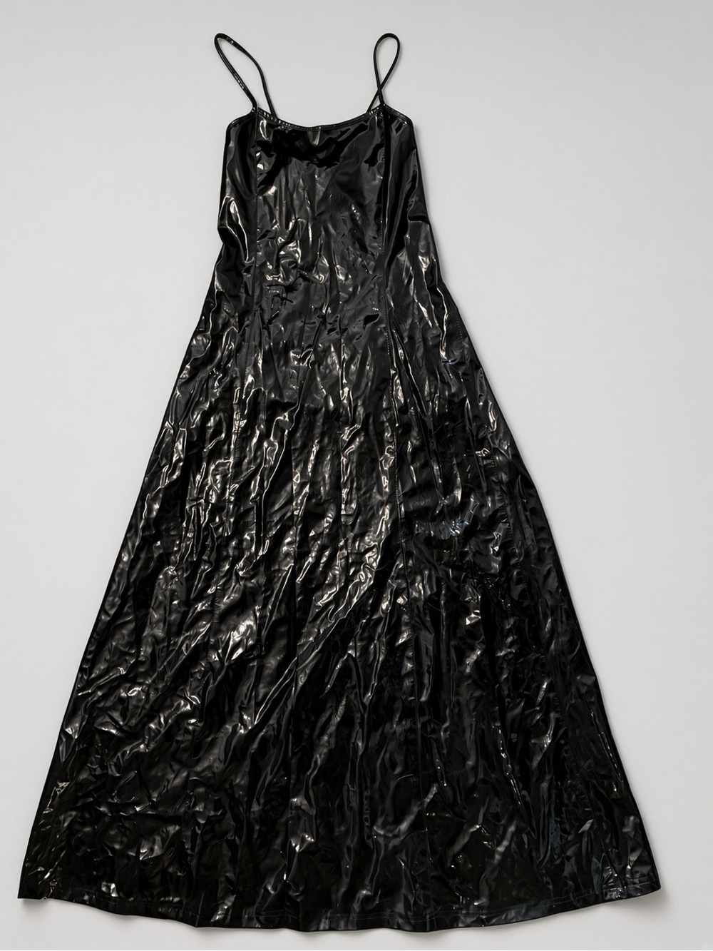 Y2K Black PVC Latex Wet Look Lace-Up Back Maxi Dress Medium